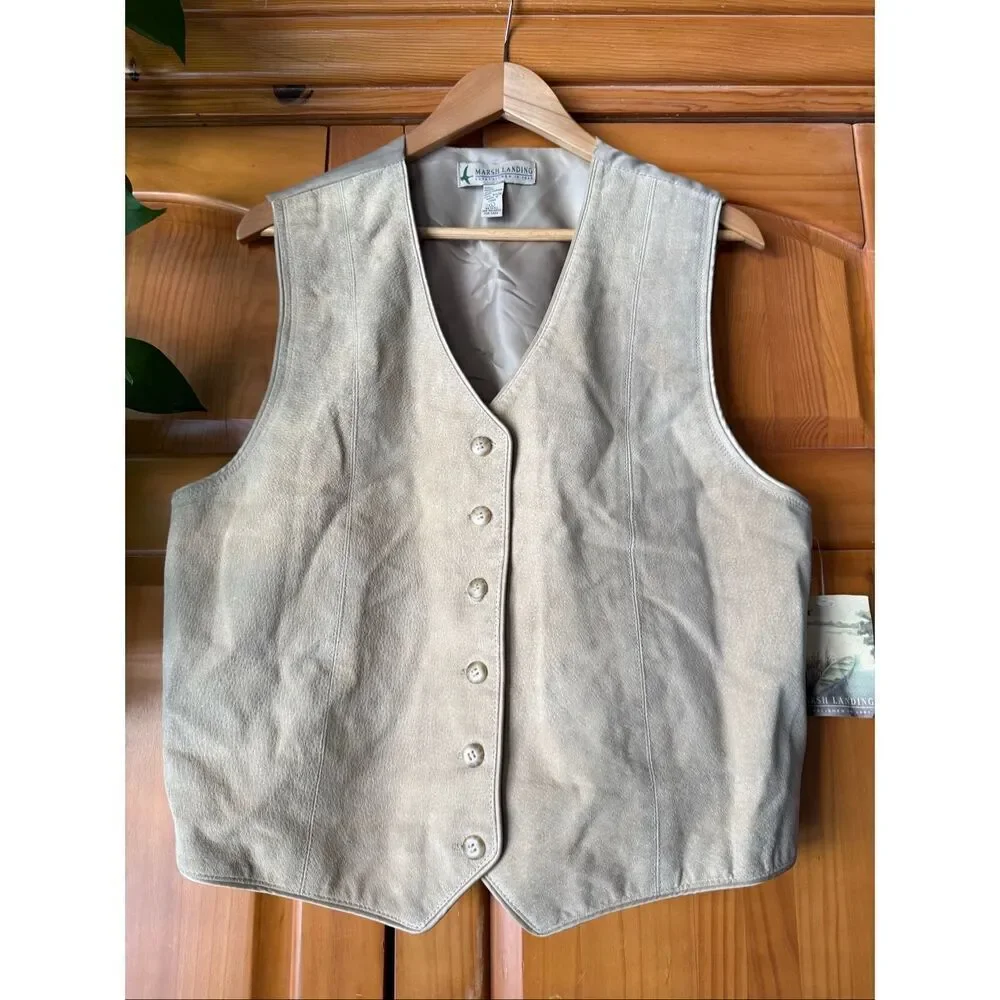 Marsh Landing Beige Leather Vest Womens Size 0 Button Front